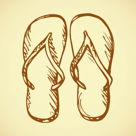 Two travel swimwear sandles isolated on beige background. Freehand ink hand drawn icon sketchy in art scribble retro style pen on paper. Top close-up view with space for text on sunny sandy sea shoreのイラスト素材