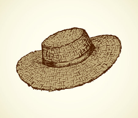 Monochrome brown straw hat isolated on white background. Freehand outline ink hand drawn object sketch in art retro engraving style pen on paper. Side closeup view with space for textのイラスト素材