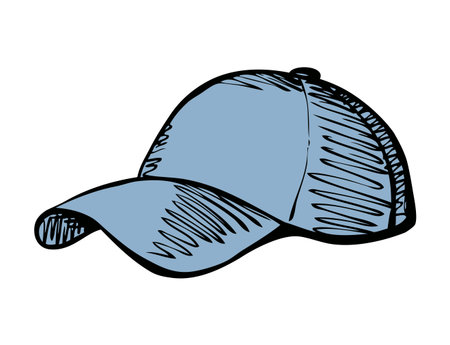 Big cute new rough sun shade cap design isolated on white backdrop. Freehand outline ink hand drawn symbol sign sketchy in art scribble retro style pen on paper. Closeup side view with space for textのイラスト素材