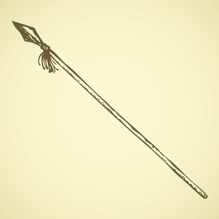Decorative aged iron cossack murder glaive harpoon tool isolated on white background. Freehand outline ink hand drawn scribble icon picture sketch.のイラスト素材