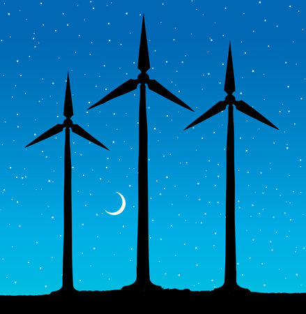 Modern eco clean aero free fuel turning blade machine system isolated on blue nightfall background. Render global air climate architecture. Rural dusk farm scene on nighttime starry skyのイラスト素材
