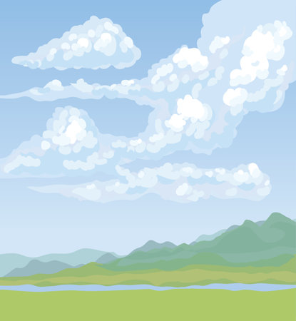 Cyan brook bank view on light azure heaven backdrop. Celestial color hand drawn painting picture in art cartoon style. Panoramic picturesque windy rocky mount country scenery with copyspace for textのイラスト素材