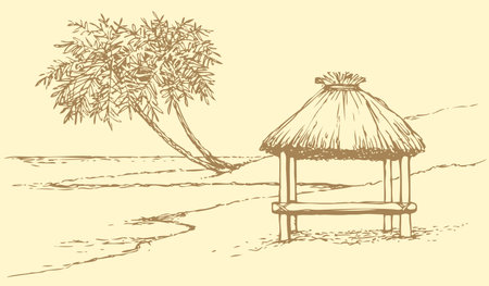 Vector seascape. Palm trees near the bungalow on the shore of the oceanのイラスト素材