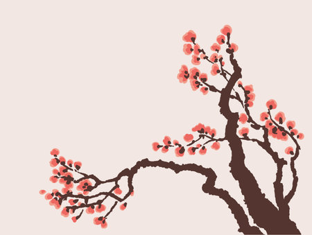 Vector background in Japanese style. Blooming bright red flowers on the tree branchのイラスト素材