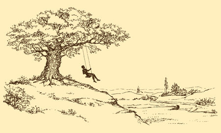 Vector Sketch. Resting man riding on a swing tied to the old oak tree growing on a hill above the river valleyのイラスト素材