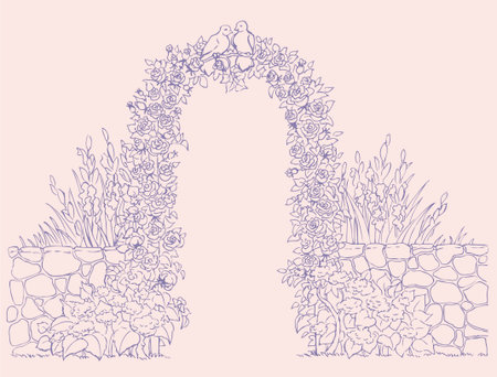 Vector background. On the arch of the weave roses housed couple of pigeonsのイラスト素材