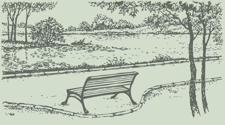 Vector landscape. Cozy, quiet corner of the park. Bench in front of the river with views of the island with wild treesのイラスト素材
