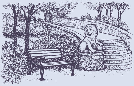 Vector landscape. A cozy corner in the spring park: bench beside statues of a lion with a ball on the railings stairs surrounded by blossoming bushes of roses and peoniesのイラスト素材