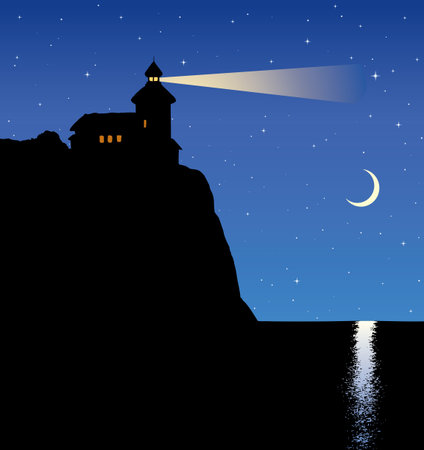 Summer quiet dusk scene. Guide point lamp searchlight for ship on top of steep cape bank and lunar path on water. Calm picture with space for text on deep blue nighttime heavenのイラスト素材