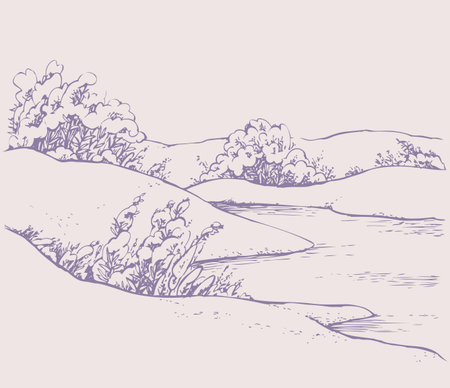 Snowcovered quiet wintertime riverbank. Freehand outline ink hand drawn picture sketchy in art scribble contour retro style pen on paper. Scenic view with space for text on light sky backdropのイラスト素材