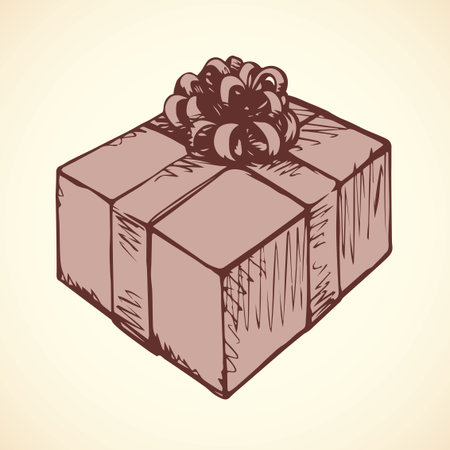 Trendy small parcel tag in wrap cardboard with luxury knot isolated on white backdrop. Freehand outline ink hand drawn icon in art retro scribble style pen on paper. View closeup with space for textのイラスト素材