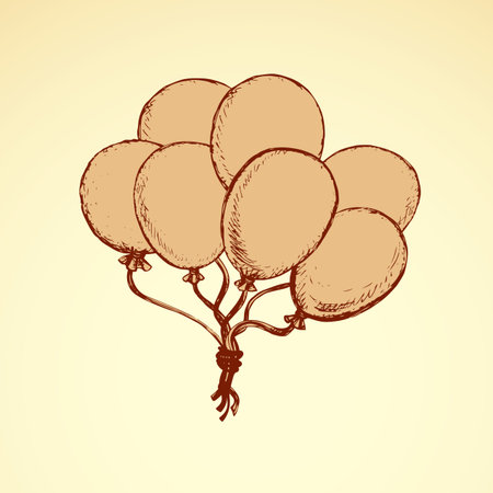 Cute merry rise oxygen gas ball flight isolated on white sky air backdrop. Freehand outline ink hand drawn picture sketch in art retro joy scribble style pen on paper. View close up and space for textのイラスト素材