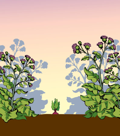 Big green row grass thorn burdock bloom outdoor yard scene outline black hand drawn farmer root eco bio turnip seed eat fight sign icon symbol. Closeup scenic view retro art doodle line sky text spaceのイラスト素材