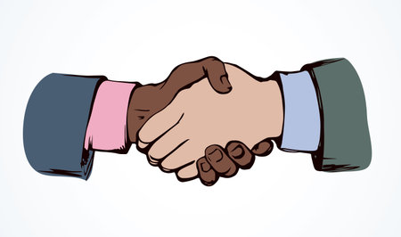 Formal relationship handclasp on white backdrop. Black color drawn job unite   emblem sketch in modern art cartoon graphic style. Closeup view unity employ join hello concept on space for textのイラスト素材
