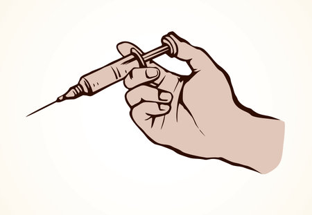 Healthy medic people finger hold disposable squirt collagen substance isolated on white background. Press serum prescription. Outline black ink pencil drawn aid healthcare sketch icon in cartoon styleのイラスト素材