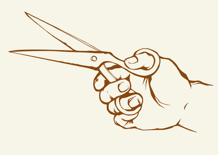 Line girl arm service big steel clip handle snip on light backdrop. Outline black ink drawn old surgery doctor crop   concept design in retro art doodle style pen on paper text space. Close up viewのイラスト素材