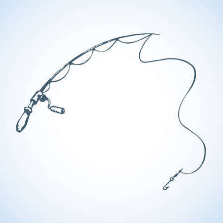 Old arm coil spinnerbait bob set isolated on white backdrop. Outline black ink hand drawn picture logo sketch in art retro cartoon engraved graphic style pen on paper. Closeup view with space for textのイラスト素材