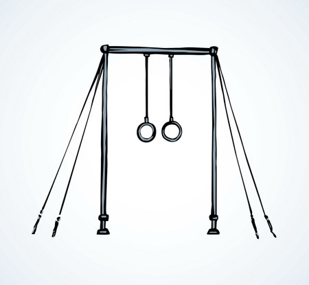 2 steel flying grips strap tool on white wall backdrop. Outline black ink hand drawn well club action object badge logo emblem in modern art doodle cartoon style pen on paper. Close-up view with textのイラスト素材