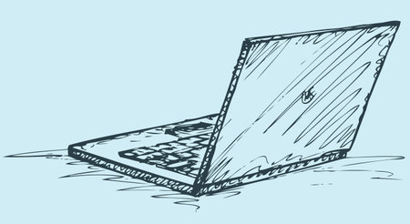 Vector monochrome freehand sketchy ink linear drawn backdrop in doodle style pen on paper with space for text. Opened laptop. Rear view close-upのイラスト素材