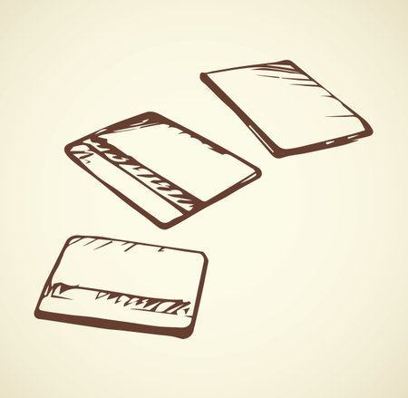 Blank personal paid sell e-tickets set isolated on white backdrop. Freehand outline ink hand draw picture sketch in doodle style pen on paper. Closeup view with space for textのイラスト素材