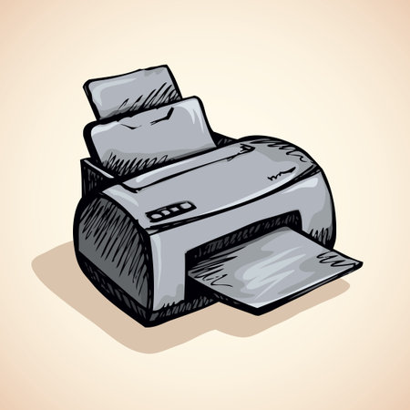Modern home digital quality multifunction pc color toner plotter isolated on white background. Freehand outline black pen drawn picture icon sketchy in scribble style. Closeup view with space for textのイラスト素材