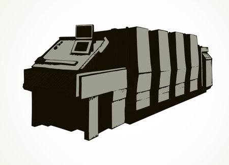 Large four section polygraphy enterprise full cyan, magenta, yellow, black color tool. Inside panel outline hand drawn sign icon background in art engraved silhouette style on copy space for textのイラスト素材