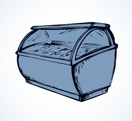 Chiller show icebox shelf stand on light background. Line black hand draw empty rack chest box. Cafe aisle device symbol sign in art modern doodle cartoon style on paper space for text. Closeup viewのイラスト素材