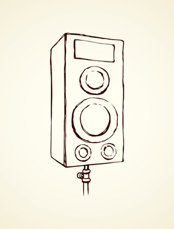 Radio watt round sub treble tweeters hifi cabinet isolated on white background. Outline black ink hand drawn hi-fi soundbar pictogram sketch in art retro doodle style pen on paper with space for textのイラスト素材