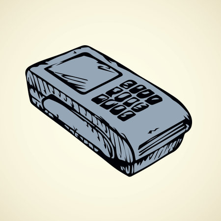 Small magnetic keypad bank pay terminal isolated on white backdrop. Freehand outline black ink hand drawn picture sketchy in modern scribble style pen on paper. Closeup with space for number textのイラスト素材