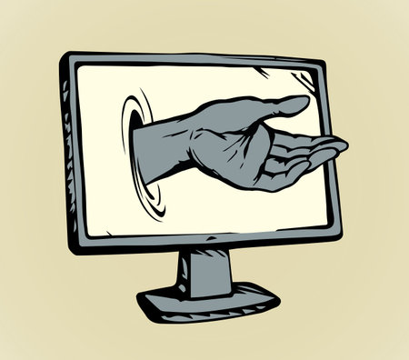 Flat lcd ui tv ill device help risk issue app on white space for text. Beg ask charity data reach fingers. Cartoon graphic vector drawn illegal net spy corrupt robber man give hold info gift sign iconのイラスト素材