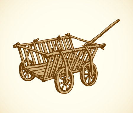 Archaic wooden empty cart sketch isolated on white backdrop. Grunge freehand linear ink hand drawn background sketch in art aged scribble style pen on paper. View close-up with space for textのイラスト素材