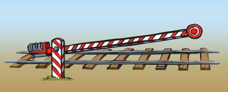 Striped highway crossroad access hurdle post on blue sky backdrop. Bright red color line hand drawn regulation hazard border logo pictogram emblem in retro art doodle cartoon style on space for textのイラスト素材
