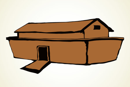 Wood big cargo arc line arc on Ararat's earth white sky text space. Outline black hand drawn Lord gospel belief church logo emblem picture concept. Retro art doodle style rain sea water storm disasterのイラスト素材