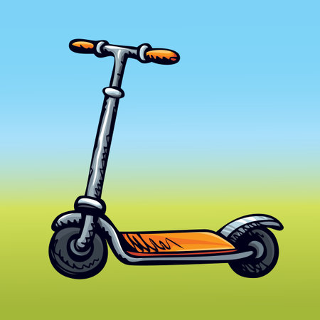 Simple cute little red scooter isolated on blue sky backdrop. Bright orange color hand drawn logo sign pictogram in grunge art retro scribble style. Closeup side view with space for textのイラスト素材