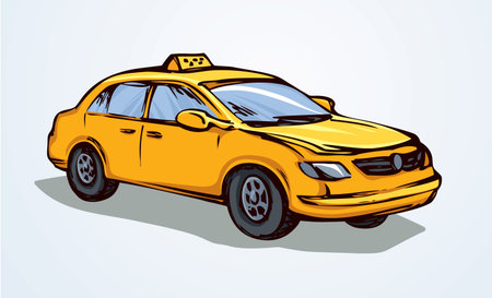 Cute city ad steering taxicab sedan smooth shape on white backdrop. Bright yellow color hand drawn logo sign pictogram emblem sketch in art scribble style on paper space for text. Side viewのイラスト素材