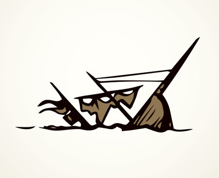 Obsolete wood rusty caravel sloop isolated on white sky backdrop. Freehand line black ink drawn deep float discovery logo sign icon sketch in art retro engrave doodle style pen on paper space for textのイラスト素材