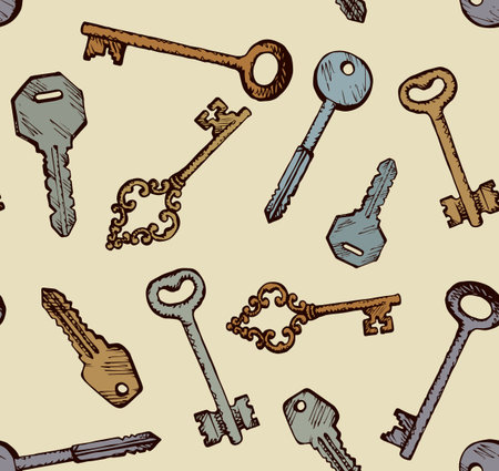 Old steel latchkey for rental immovables on beige fond. Freehand line black ink hand drawn room object design tracery sketch in retro art doodle style pen on paper. Closeup viewのイラスト素材