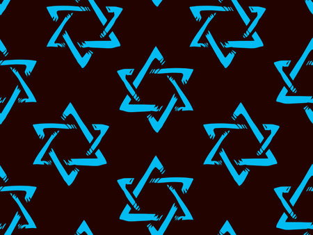 Old kosher judaic chanukkah magen shape heritage. God torah chanukah yiddish day logo emblem. Blue color hand drawn zion ethnic hannukah frame in retro art doodle cartoon style on dark black pattern for textのイラスト素材