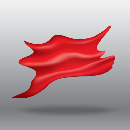 Conceptual glossy strip symbolic emblem vivid scarlet color isolated on light gray shadow backdrop. Royalty romantic fashion wavy smooth satiny form design. Closeup view with space for textのイラスト素材