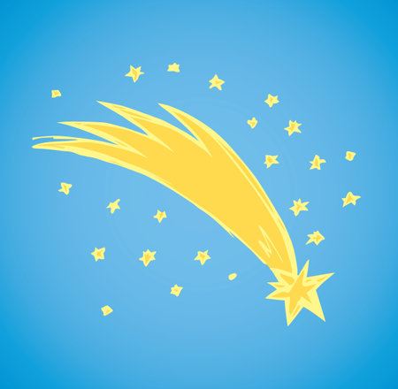 Cute starburst sparks on dark blue nighttime backdrop. Greeting xmas dusk eve pictogram emblem. Bright orange handdrawn design sketchy in art retro doodle style with space for textのイラスト素材