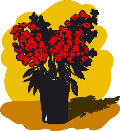 Vector still life. Sketch of a vase with red flowers on a yellow backgroundのイラスト素材