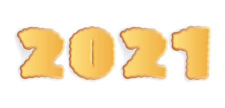 Funny yellow gourmet crunchy cooking cracker pie meal word date counter script. Hand drawn fun candy nutrition shape calendar merry xmas logo emblem card. Modern happy art white space style designのイラスト素材