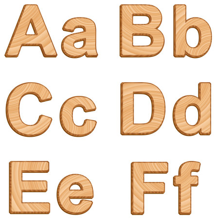 Vector alphabet isolated on white background. Set of three-dimensional letters with texture of woodのイラスト素材