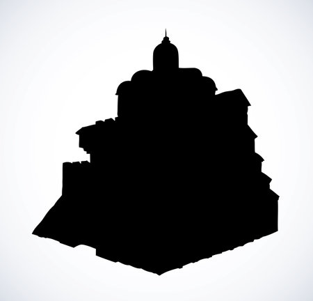 Golden Gate, memorial monument in Kyiv. Medieval tall construction of wooden beams and brick wall. Black ink hand drawn picture sketchy in art engraving style on paper backgroundのイラスト素材