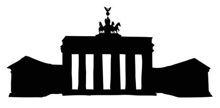 Brandenburger Tor isolated on white. Freehand outline ink hand drawn picture sketch in art vintage engraving style. Panoramic view with space for text on evening sky backdropのイラスト素材