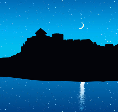 Eastern Belgorod urban country view. Arabic romantic rock wall royal palace ruin on hill scene at calm ocean bay. Dark black drawn aged picture in art past retro style on blue nighttime place for textのイラスト素材