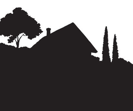 Modern backyard scenic view with new build farmstead abode edifice design. Dark ink hand drawn picture logotype emblem in art retro print style with space for text on light sky backdropのイラスト素材