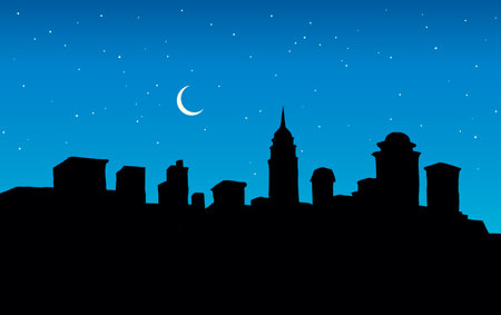 Nightfall USA new york highrise bank structure center panoramic scenic outdoor view text space. European office built midtown street symbol scene texture pattern design in modern art style backdropのイラスト素材
