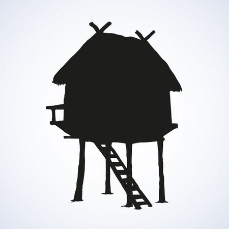 Cozy small poor high barn on legs isolated on white background. Retro thai summer rest pagoda arbor with aged reed roof. Black ink hand drawing picture sketch in art vintage engraving styleのイラスト素材