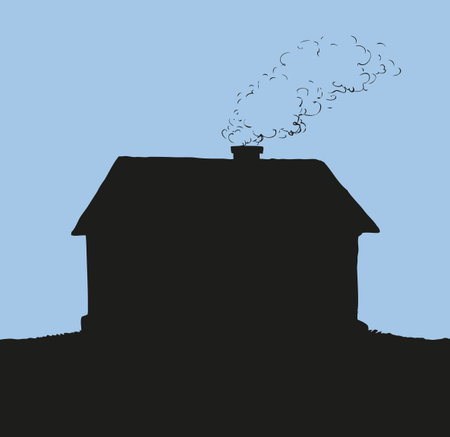 Cute cozy hut with wooden casement and galvanized housetop of tube whith thick smoke. Monochrome black ink drawn background sketchy in engraving style with space for text on night skyのイラスト素材
